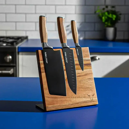 Organizador Cuchillos Magnetico Block Magnético Wayu Soporte De Madera Acacia Okshop Bloque Magnético Para Cuchillo Soporte Magnético + Cuchillos Block Magnético + 3 Cuchillos Madera Acacia Wayu