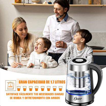 Hervidor Eléctrico Oster De Vidrio Y Acero Inoxidable Con Infusor Y Control De Temperatura 1.7 L Gris