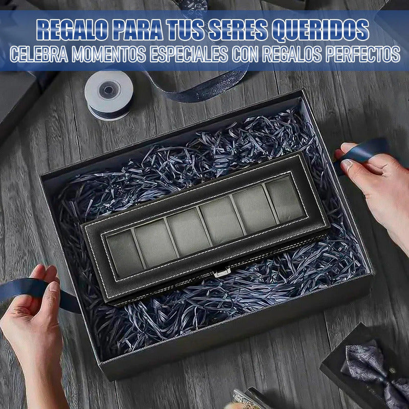 Organizador Reloj Okshop 6 Compartimientos Negro Cuero Sintético