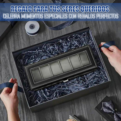 Organizador Reloj Okshop 6 Compartimientos Negro Cuero Sintético