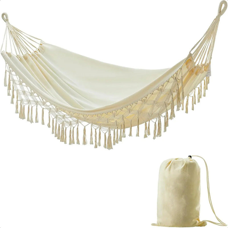 Hamaca Colgante Okshop Algodón Diseño Borlas 2.5m X 80cm Beige