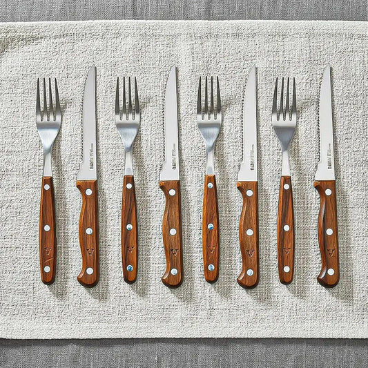 Set De Cubiertos Wayu: Cuchillos Y Tenedores Prm De Acero Inoxidable Con Mango De Madera (8 Piezas)