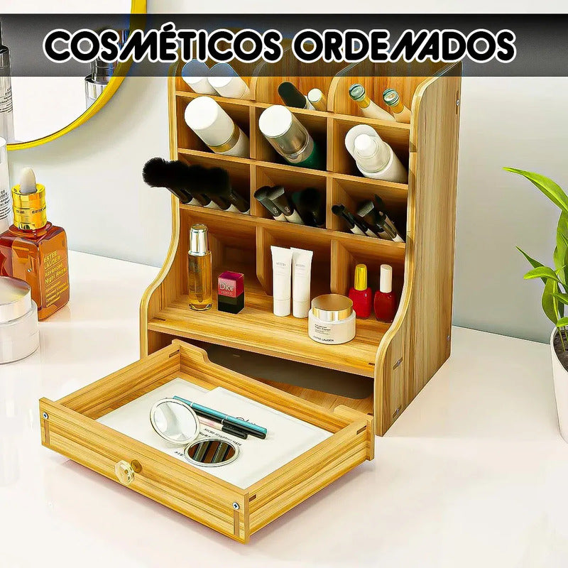 Organizador De Escritorio Okshop De Madera Con 1 Cajón Y 12 Compartimentos