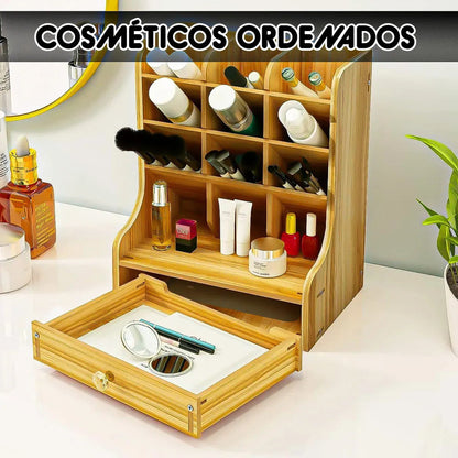 Organizador De Escritorio Okshop De Madera Con 1 Cajón Y 12 Compartimentos