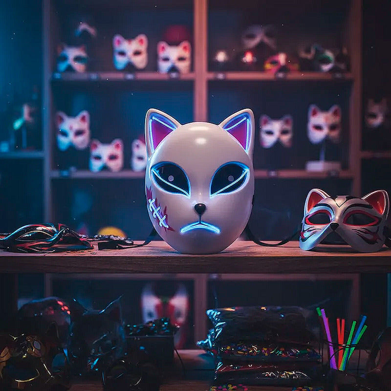 Mascara De Gato Kimetsu No Yaiba Con Luces Mascara Halloween Celeste Demon Slayer