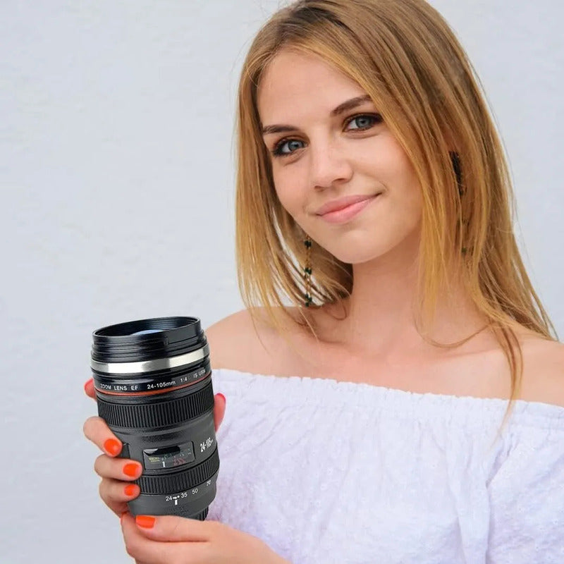 Taza Térmica Lente Cámara De Acero Inoxidable Con Tapa 350ml Negro