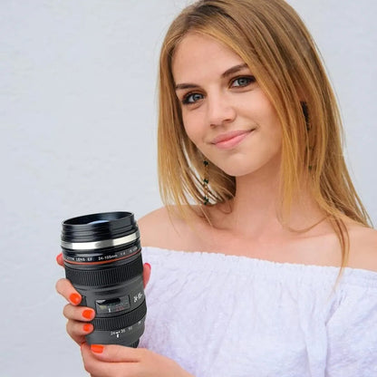 Taza Térmica Lente Cámara De Acero Inoxidable Con Tapa 350ml Negro