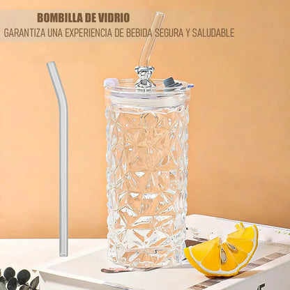 Pack X2 Vasos De Vidrio Arcashopping Con Tapa Y Bombilla 400ml Blancos