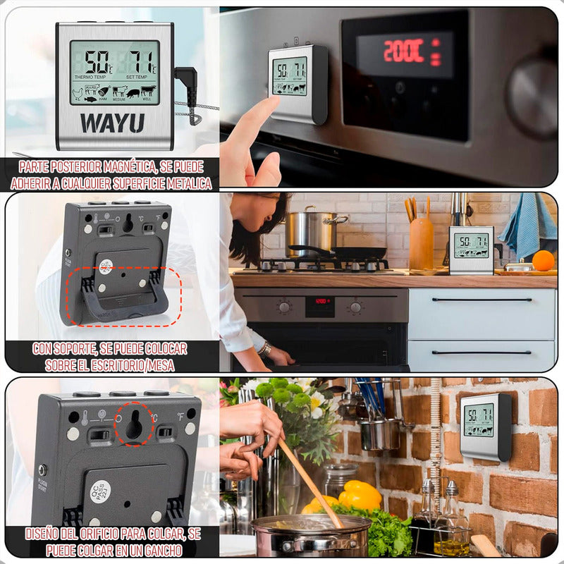 Termómetro Digital Wayu Para Carne, Horno Y Cocina De Acero Inoxidable Gris