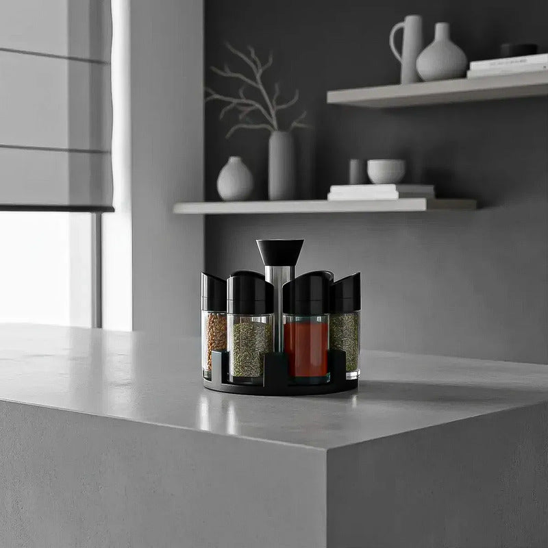 Especiero Giratorio Okshop Con 6 Frascos De Vidrio Para Cocina Negro