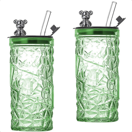 Vasos De Vidrio Vaso De Bebida Con Bombilla 400 Ml Vasos Reutilizables 400ml Vidrio Transparente Pack 2 Vasos Personalizados Vaso Con Tapa Y Bombilla Color Verde Okshop