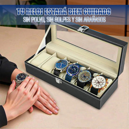 Organizador Reloj Okshop 6 Compartimientos Negro Cuero Sintético