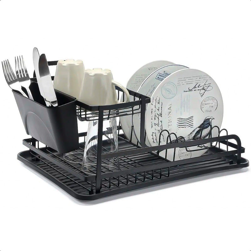 Secaplatos Metal 2 Niveles Negro Okshop Escurridor Loza Con Cubiertero
