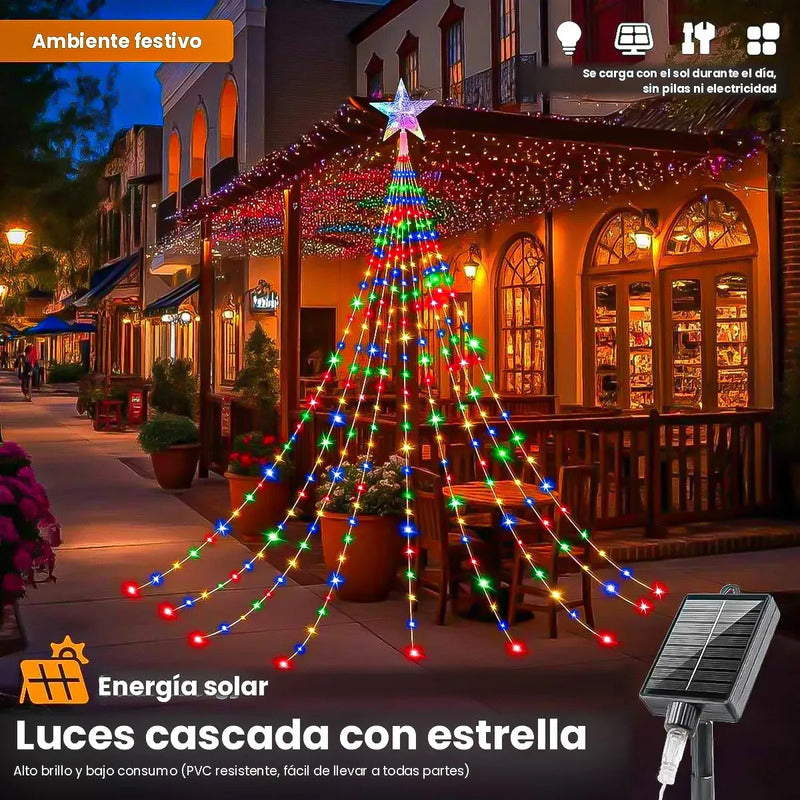 Cortina De Luces Led Multicolor Solar Para Árbol De Navidad  350 Luces Con 8 Funciones Y Control Remoto