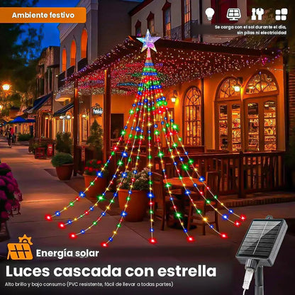 Cortina De Luces Led Multicolor Solar Para Árbol De Navidad  350 Luces Con 8 Funciones Y Control Remoto