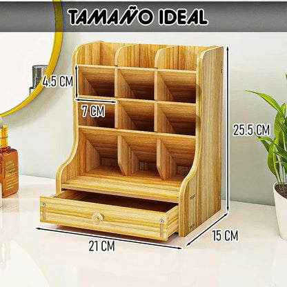 Organizador De Escritorio Okshop De Madera Con 1 Cajón Y 12 Compartimentos