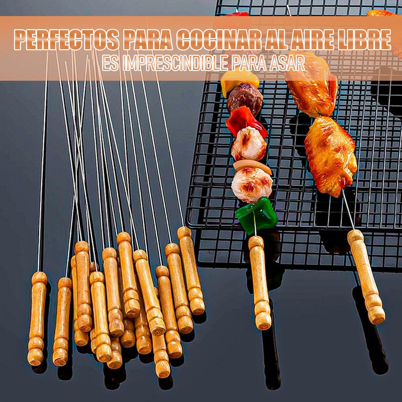 Pinchos Para Asar Brochetas Acero Set 10 Pinchos De Madera