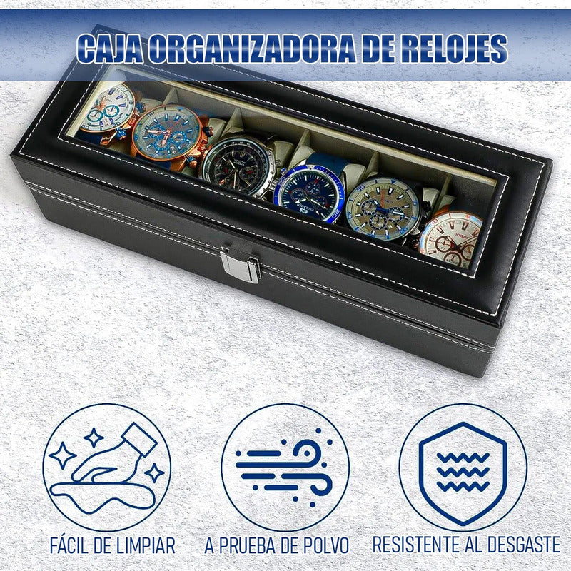 Organizador Reloj Okshop 6 Compartimientos Negro Cuero Sintético
