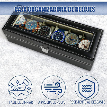 Organizador Reloj Okshop 6 Compartimientos Negro Cuero Sintético