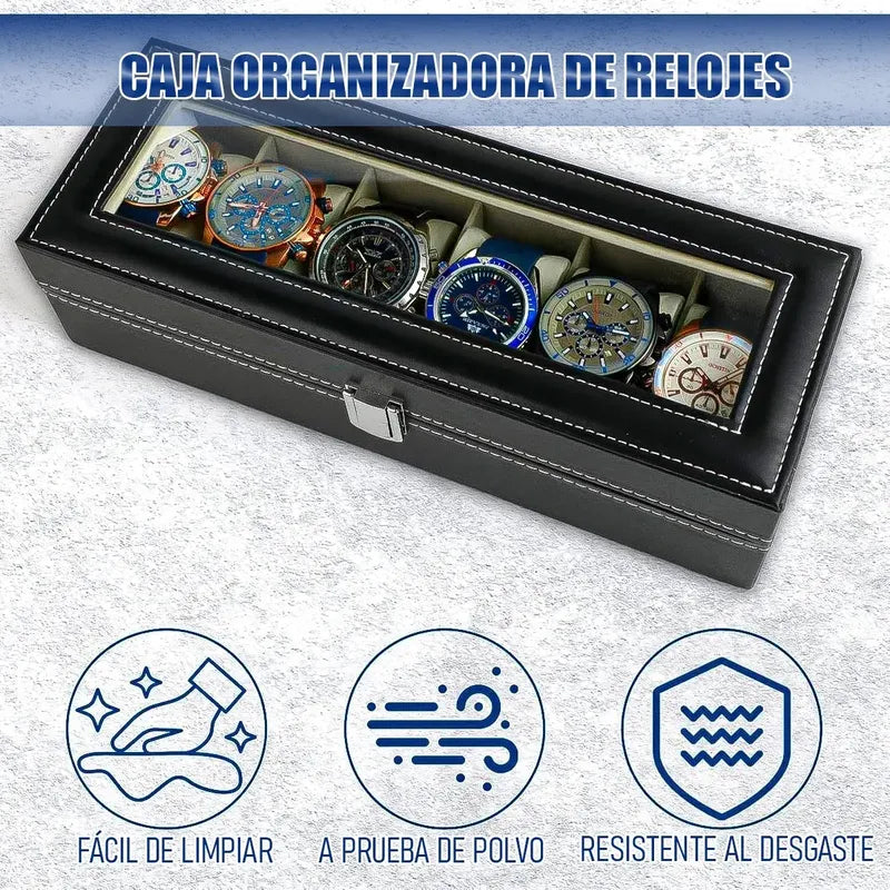Organizador Reloj Okshop 6 Compartimientos Negro Cuero Sintético