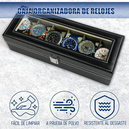 Organizador Reloj Okshop 6 Compartimientos Negro Cuero Sintético