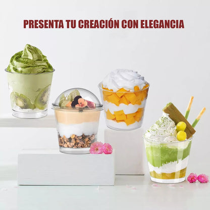 Pack X50 Vasos Acrilico Para Postre Con Tapa Pocillos 210ml Vasos Acrilico Desechable 210m Vasos Para Postres + Tapa Pocillos Vasos Acrilicos Postres Y Frutas Vasos Postres Multifuncional Okshop