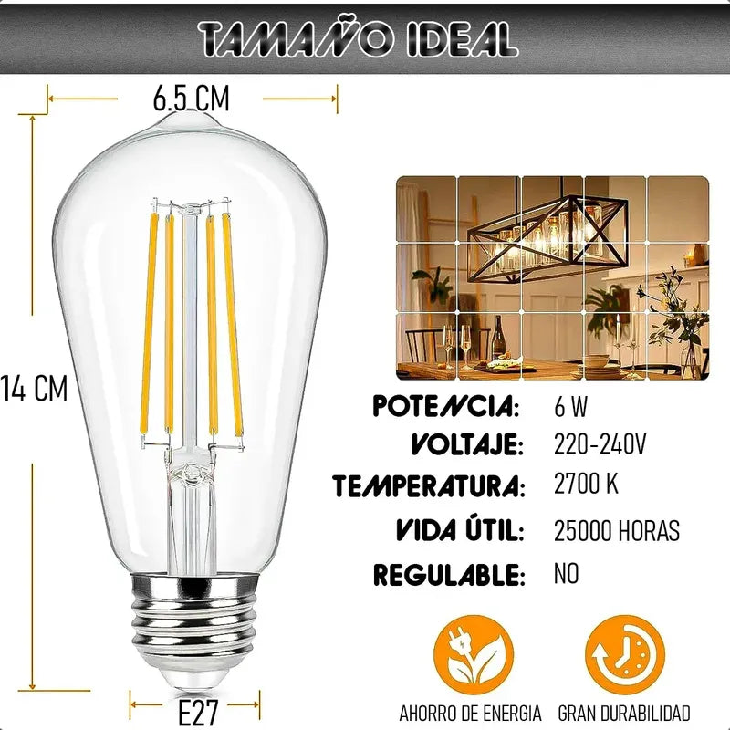 Ampolleta Led Vintage Okshop De Filamento E27, Luz Cálida 6w