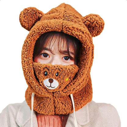 Gorro Invierno De Lana Con Diseño De Oso Y Cuello Ajustable Para Adultos, Marrón Oscuro Unica