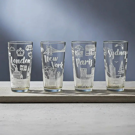 Set De 4 Vasos De Vidrio Okshop City Collection Para Jugos Y Bebidas 480ml