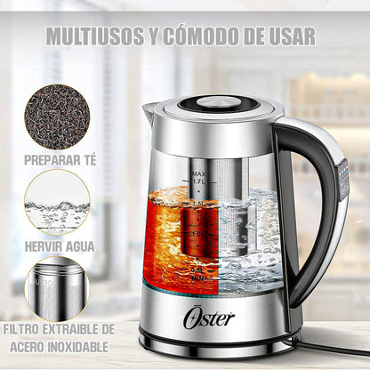 Hervidor Eléctrico Oster De Vidrio Y Acero Inoxidable Con Infusor Y Control De Temperatura 1.7 L Gris