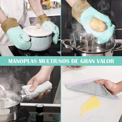 Manopla Silicona Okshop Guante Cocina Turquesa Marrón 27cm Algodón Color