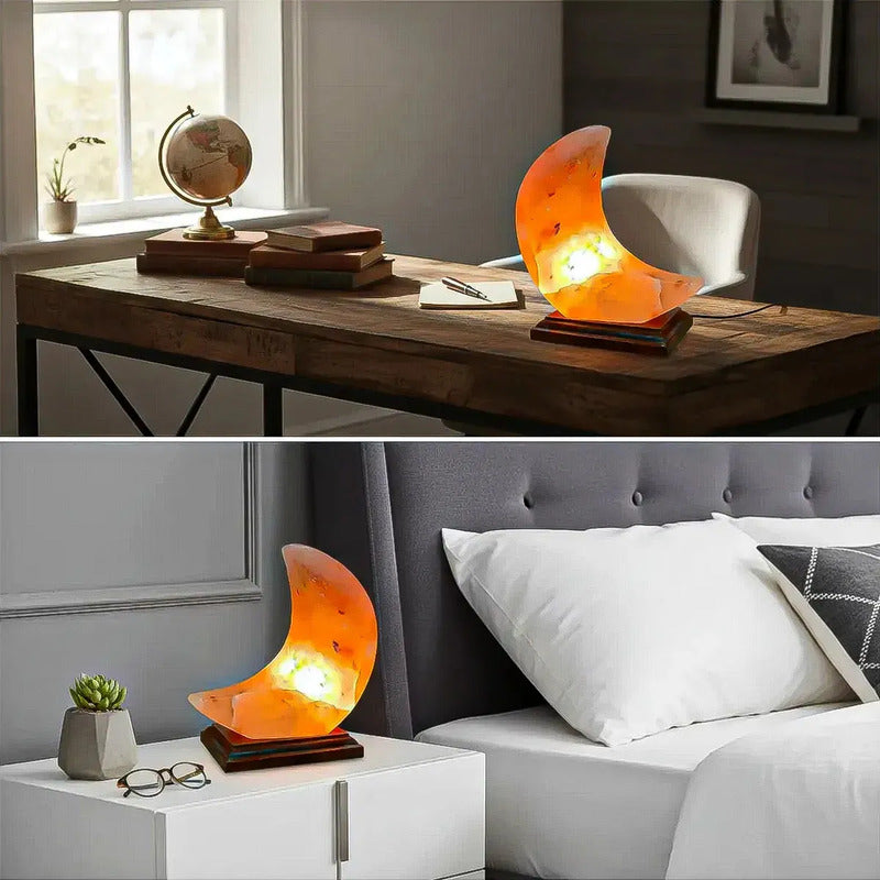 Lámpara De Sal Del Himalaya En Forma De Luna Con Base De Madera Y Luz Led Naranja