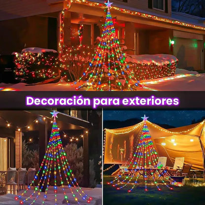 Cortina De Luces Led Multicolor Solar Para Árbol De Navidad  350 Luces Con 8 Funciones Y Control Remoto