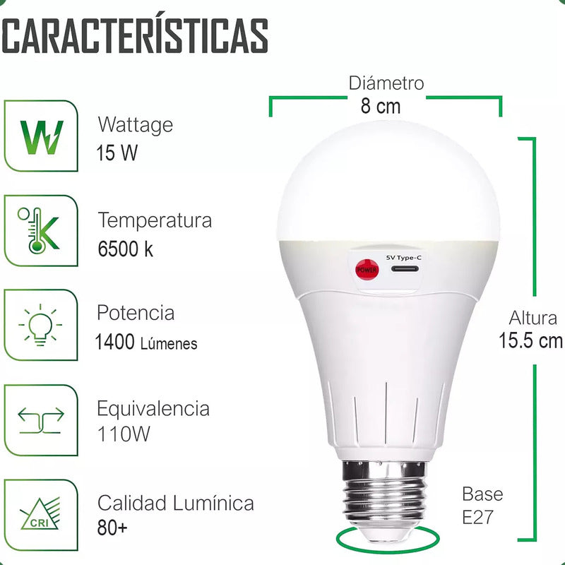 Pack X2 Ampolletas Portables Inteligentes Camping Ampolleta Led Tipo Bulbo Ampolletas Recargables Blanco 6.500k Usb Ampolleta Recargable Plastica Ampolleta E27 Ampolleta Emergencia 15w Okshop