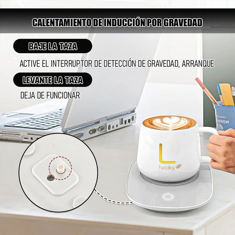 Pack 2 Tazas Con Calentador Para Café Y Té  Cerámica Rosa 420 Ml Okshop Liso