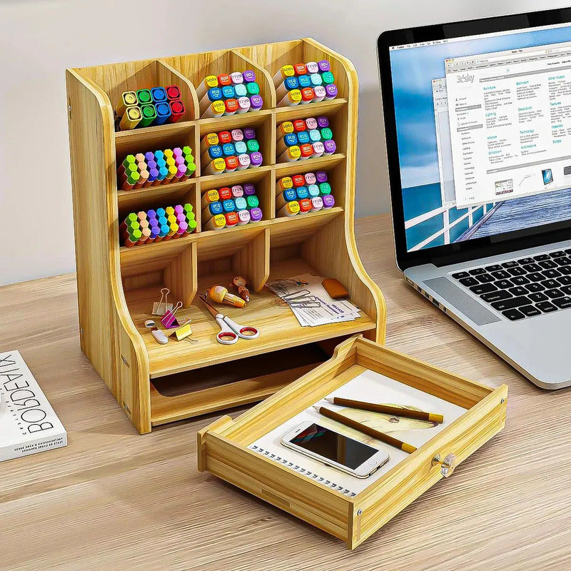 Organizador De Escritorio Okshop De Madera Con 1 Cajón Y 12 Compartimentos