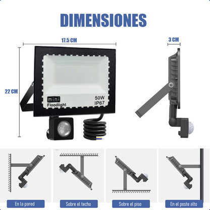 Reflector Foco Led Sensor Movimiento Proyector Focos Led 50w Negro Blanca