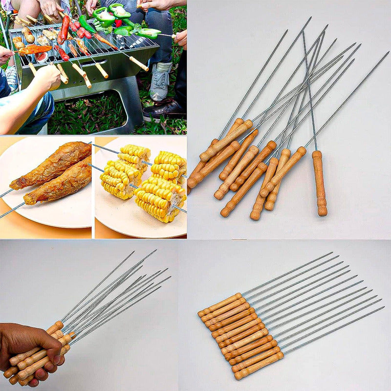 Pinchos Para Asar Brochetas Acero Set 10 Pinchos De Madera