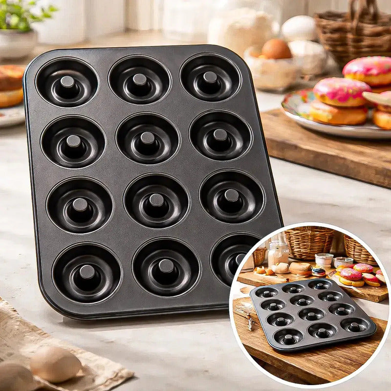 Molde Para Donas De Metal Antiadherente, Con 12 Cavidades, De Okshop Gris