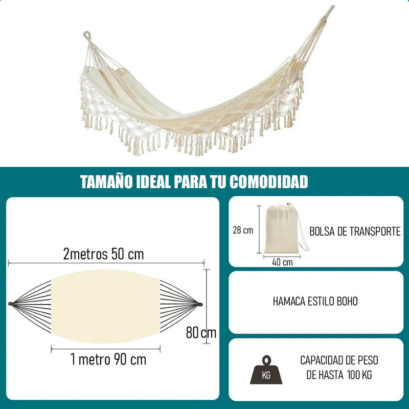 Hamaca Colgante Okshop Algodón Diseño Borlas 2.5m X 80cm Beige