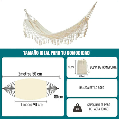 Hamaca Colgante Okshop Algodón Diseño Borlas 2.5m X 80cm Beige