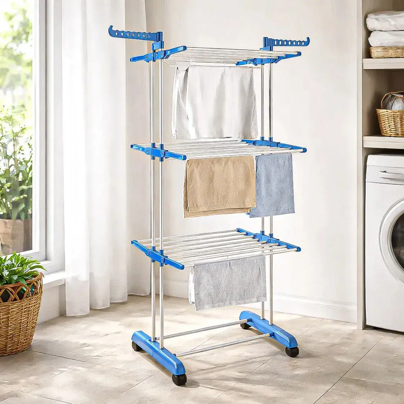 Tendedero Okshop Vertical Plegable Con Ruedas Y 3 Niveles, Para Secar Ropa Blanco