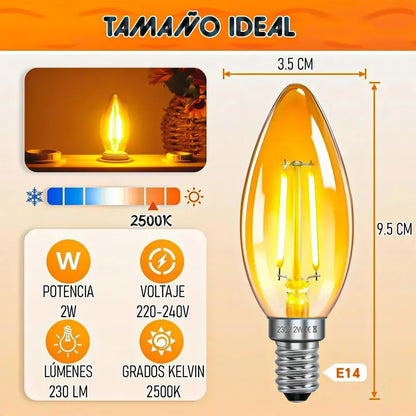 Ampolleta Led E14 Tipo Vela De 2w, Luz Cálida 2500k