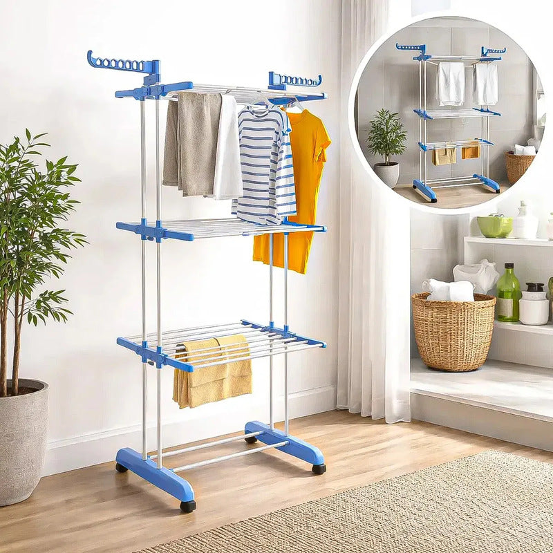 Tendedero Okshop Vertical Plegable Con Ruedas Y 3 Niveles, Para Secar Ropa Blanco