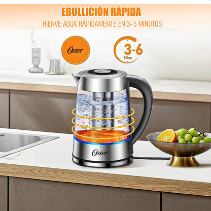 Hervidor Eléctrico Oster De Vidrio Y Acero Inoxidable Con Infusor Y Control De Temperatura 1.7 L Gris