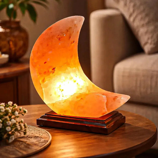 Lámpara De Sal Del Himalaya En Forma De Luna Con Base De Madera Y Luz Led Naranja