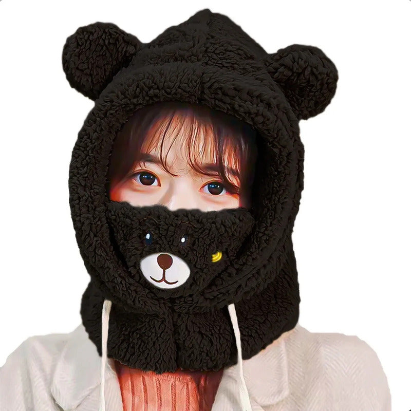 Gorro De Lana Invierno Negro Con Diseño De Oso Para Adultos, Ajustable Y Con Cuello Unica