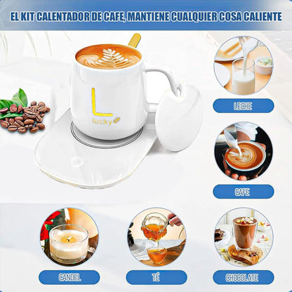 Pack 2 Tazas Con Calentador Para Café Y Té  Cerámica Rosa 420 Ml Okshop Liso