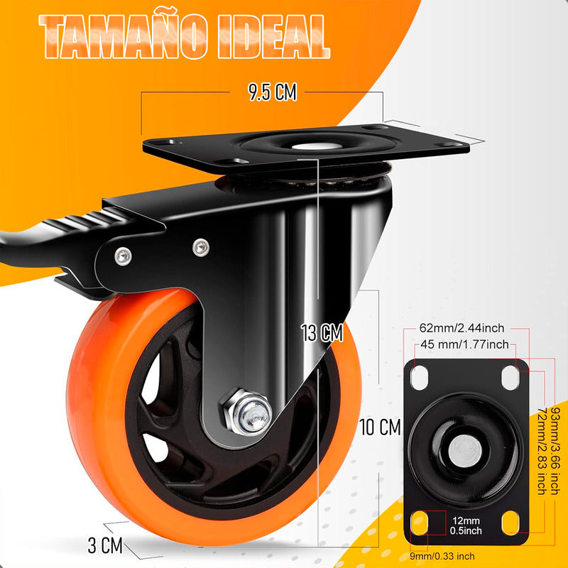 Ruedas Giratorias Para Carros Ruedas Muebles Rueda Con Freno Naranja/negro
