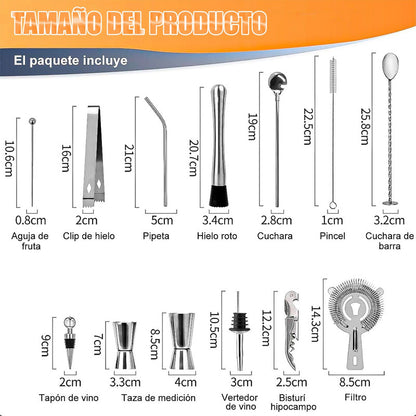 Kit De Coctelería Coctelera Profesional Kit Coctelería 22pcs Plateado